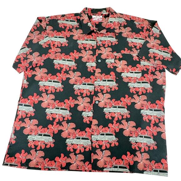 Pineapple Connection Tiki Woody Wagon Aloha Shirt XL Hibiscus Vintage Dadcore - Picture 3 of 6